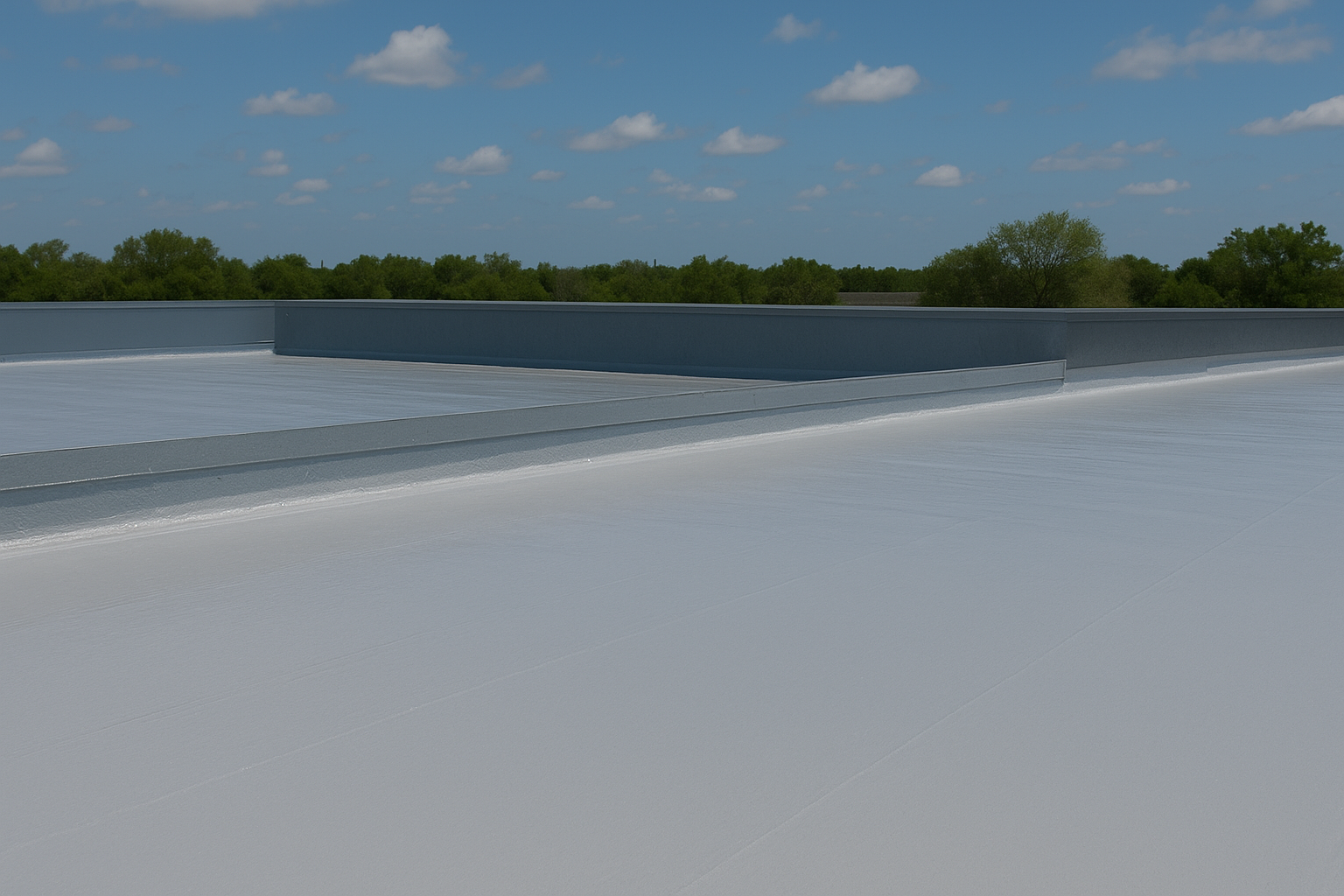 Reflective commercial roof coating on a flat Louisiana building under blue sky.